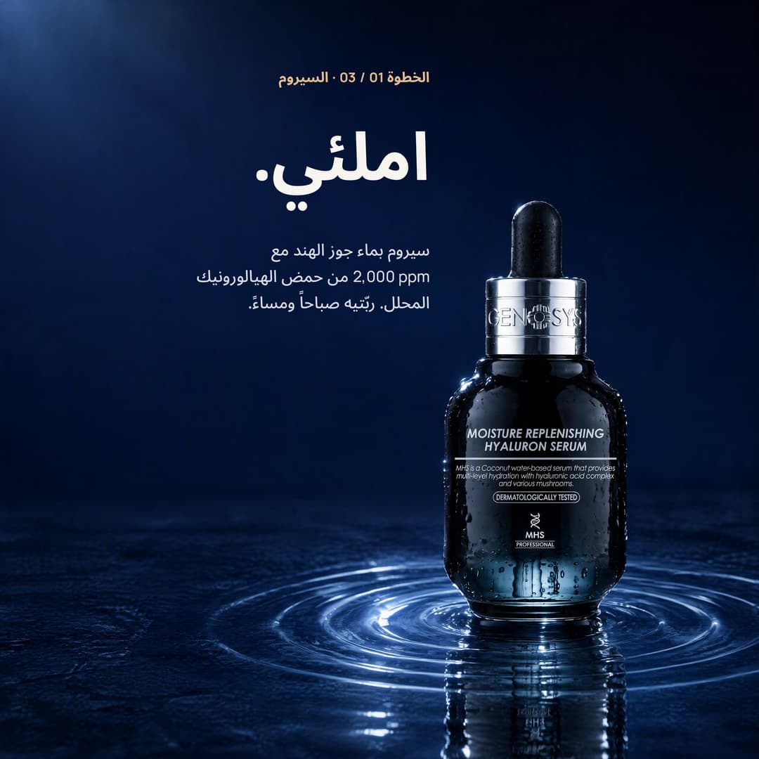 قطّارة سيروم الهيالورون فوق ماء داكن متموّج: الملء