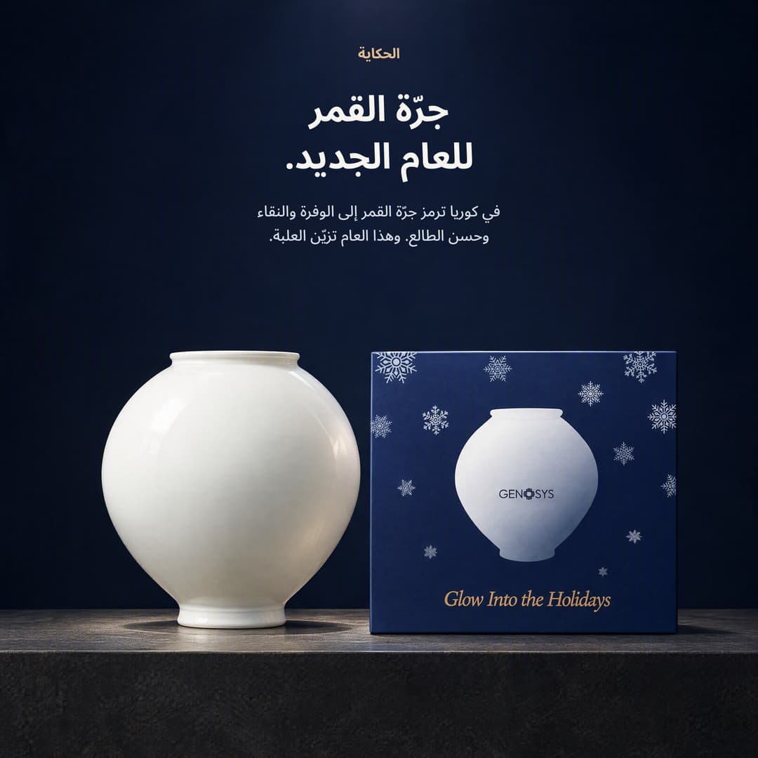 جرّة القمر الكورية بجانب علبة أعياد GENOSYS