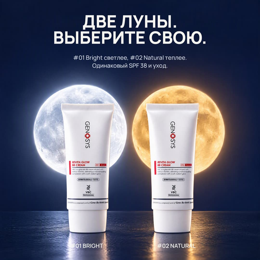 Две тубы Revita Glow под белой и золотой луной: #01 Bright и #02 Natural