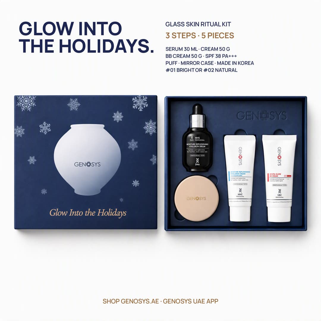 GLASS SKIN RITUAL KIT: the holiday box open with serum, cream, BB cream and puff case
