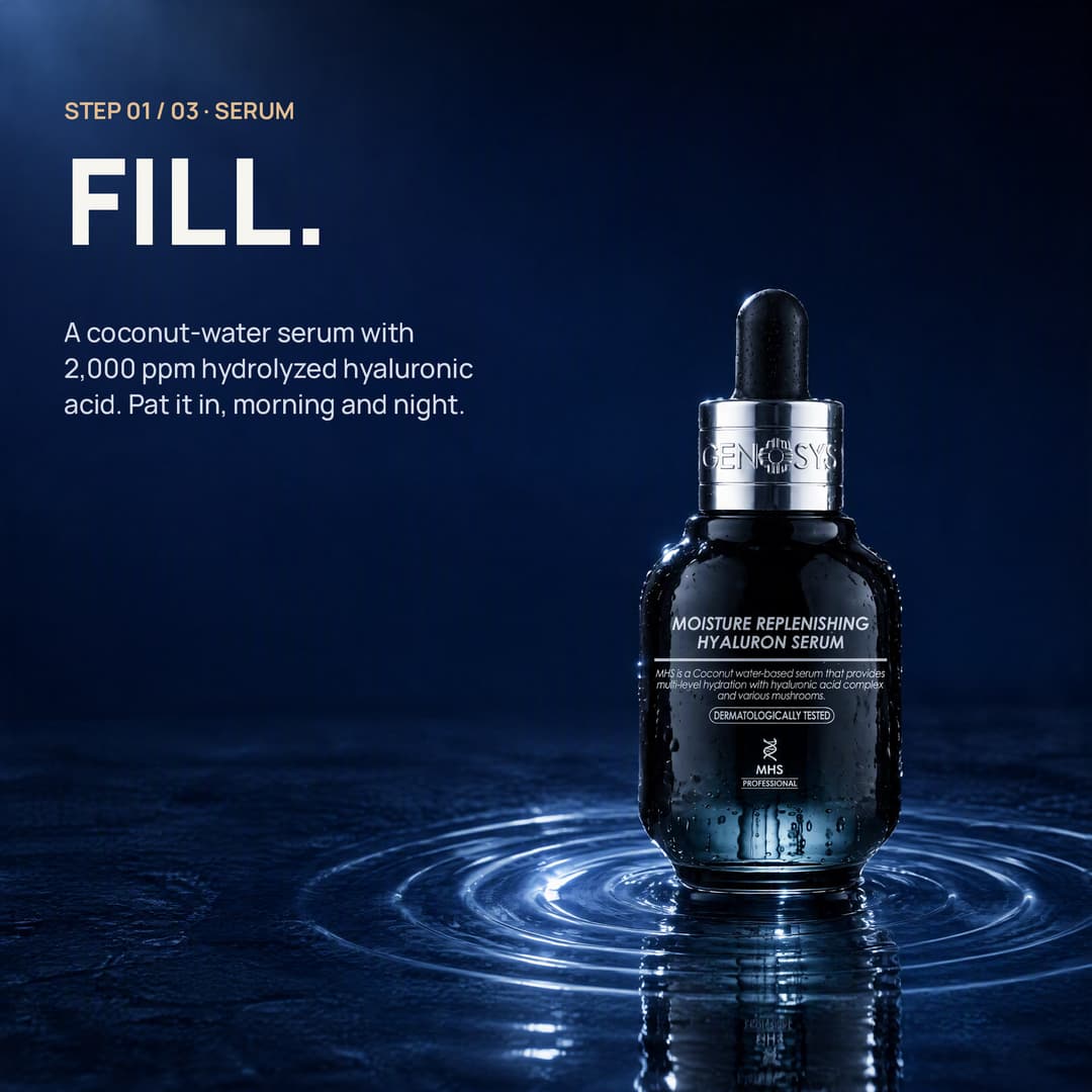 The hyaluron serum dropper over rippling dark water: fill