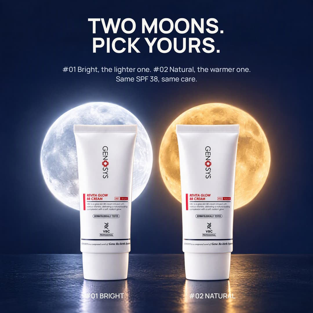 Two Revita Glow tubes under a white moon and a golden moon: #01 Bright and #02 Natural