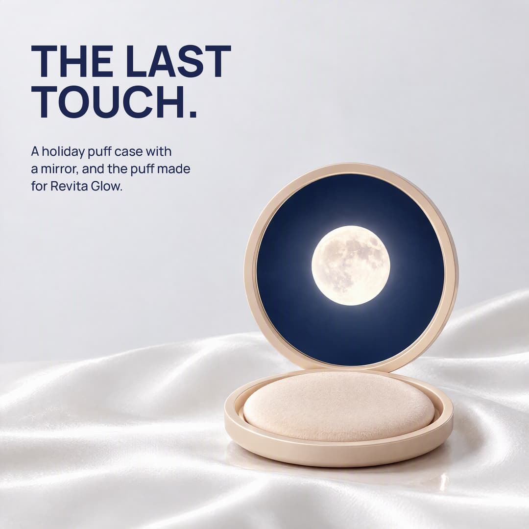 The holiday puff case open on silk, its mirror reflecting the moon: the last touch