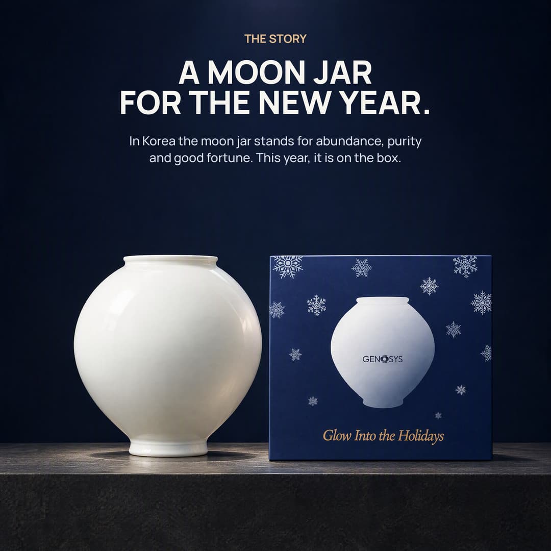 A Korean moon jar beside the GENOSYS holiday box