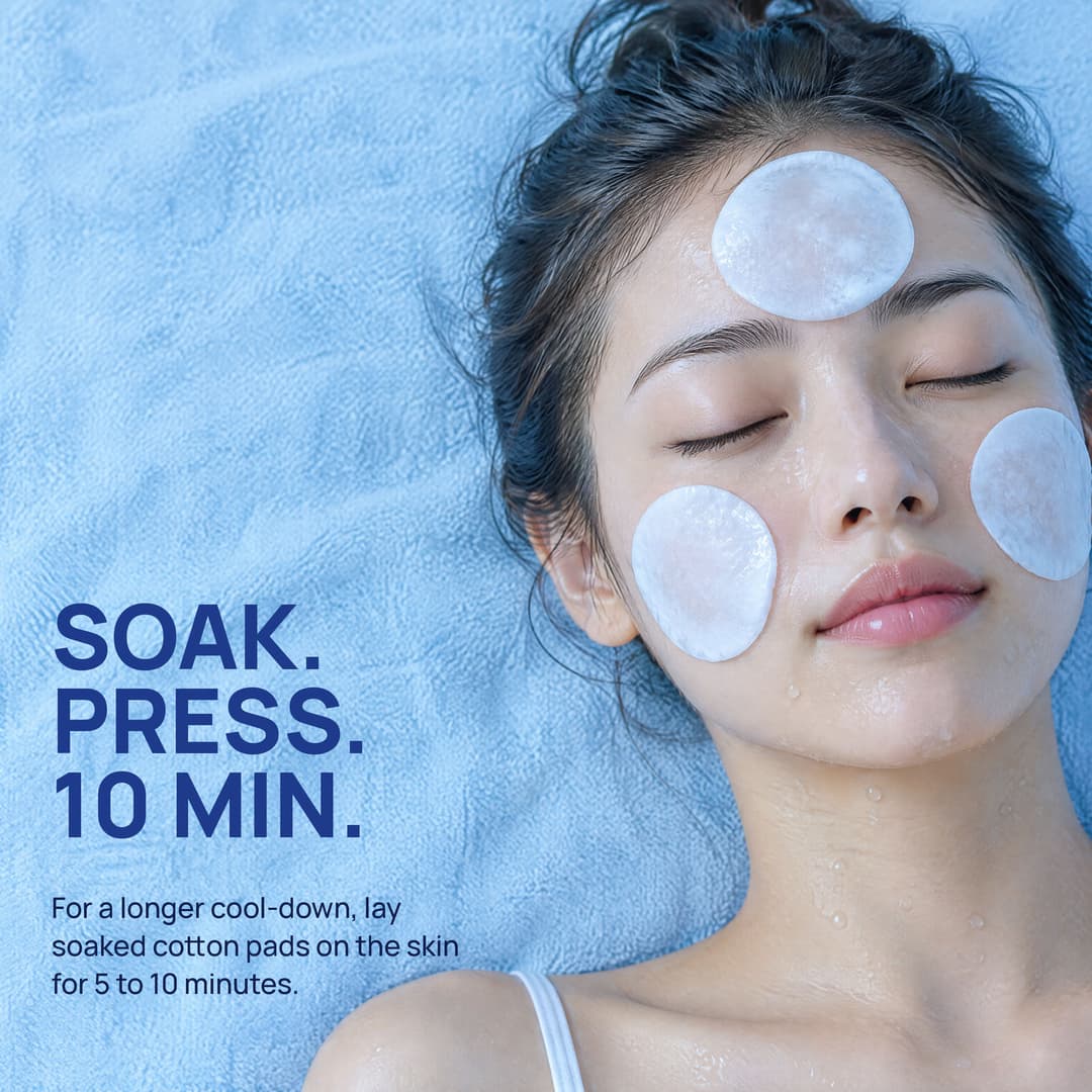 Soaked cotton pads on the forehead and cheeks: soak, press, 10 minutes