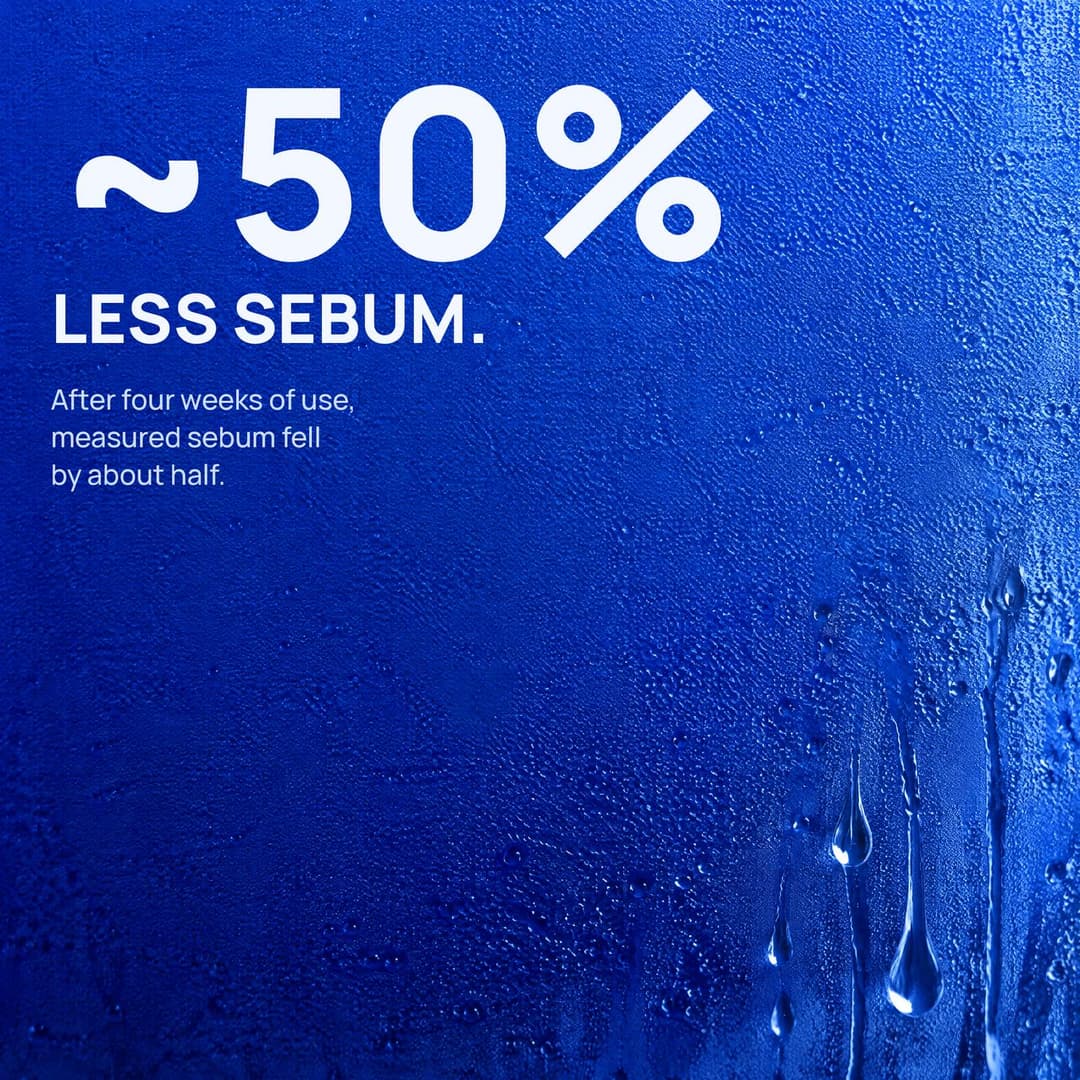 Frosted cobalt glass with condensation: about 50% less sebum