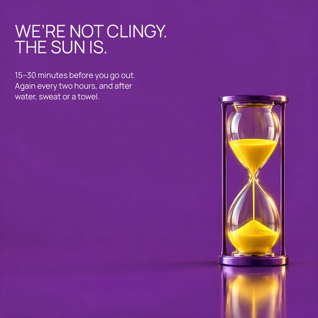 An hourglass of yellow sand on violet: reapply every two hours
