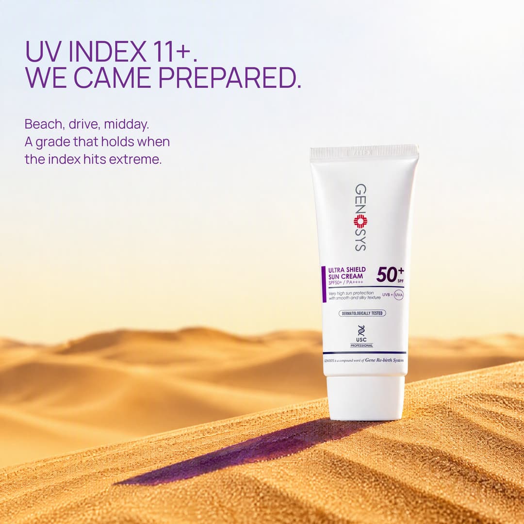 ULTRA SHIELD SUN CREAM on the crest of a UAE desert dune at midday