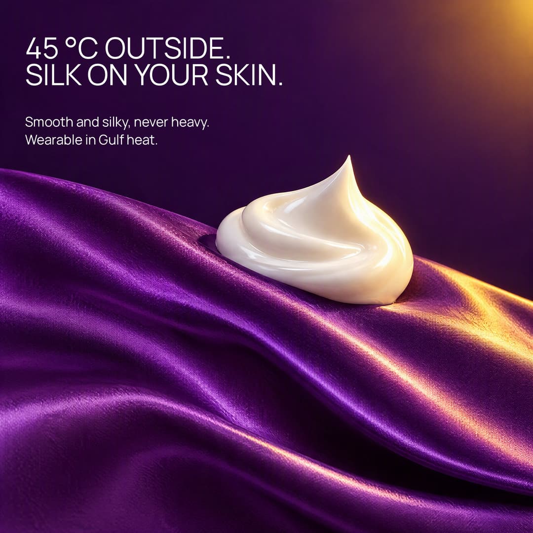A swirl of white sunscreen on violet satin: silk on your skin
