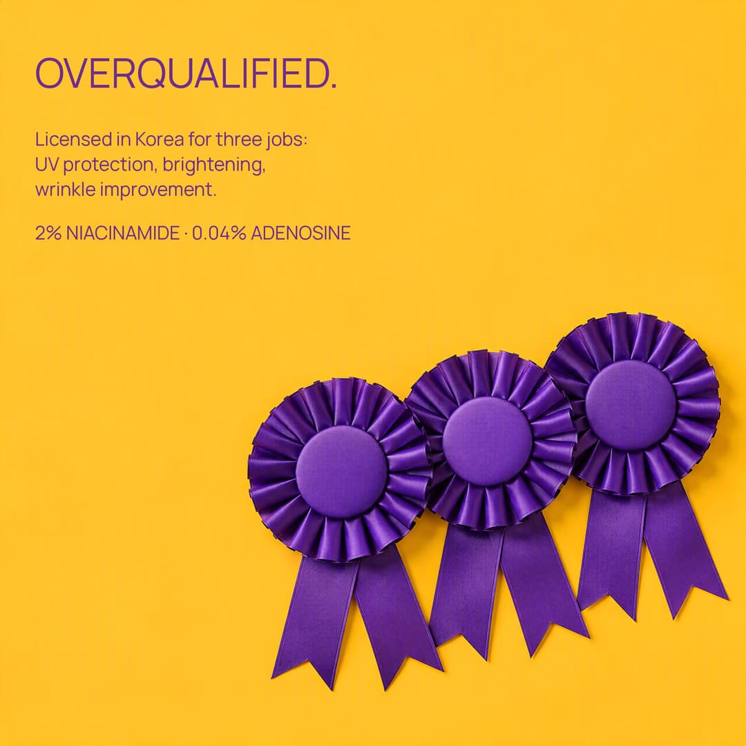 Three violet award rosettes on yellow: overqualified, 2% niacinamide, 0.04% adenosine