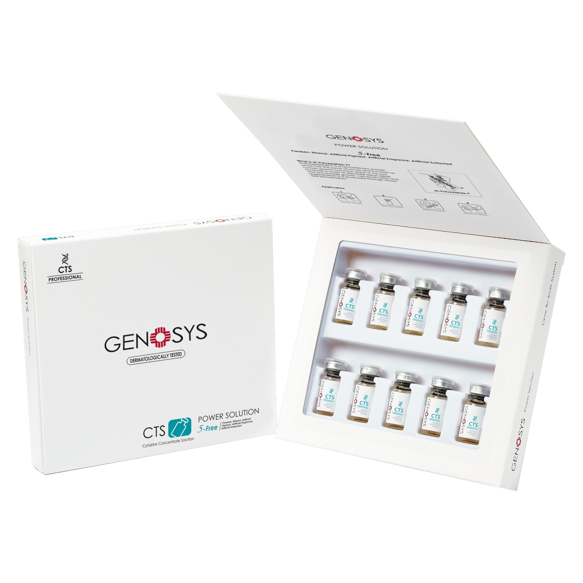 The POWER SOLUTION CTS box open, showing ten sealed vials and the 5-Free panel on the carton