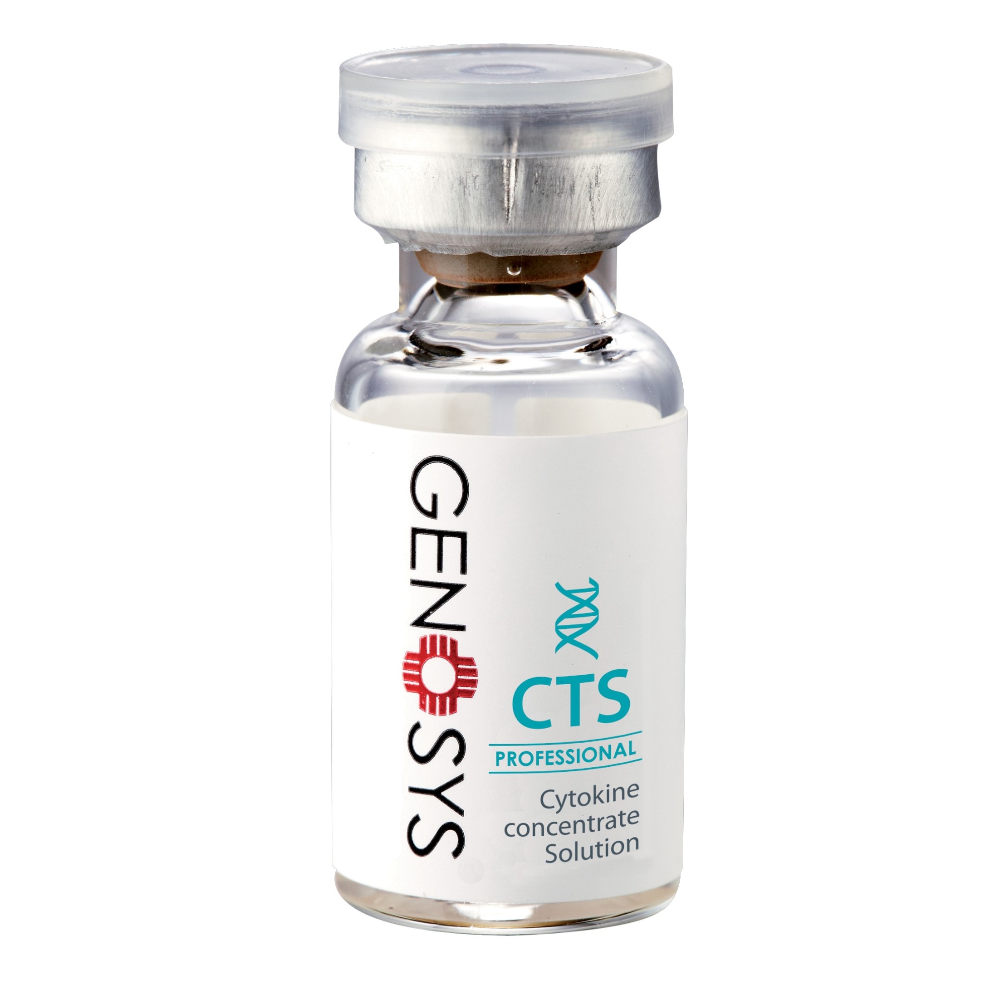 A single 2 ml POWER SOLUTION CTS glass vial, showing the Cytokine Concentrate Solution label