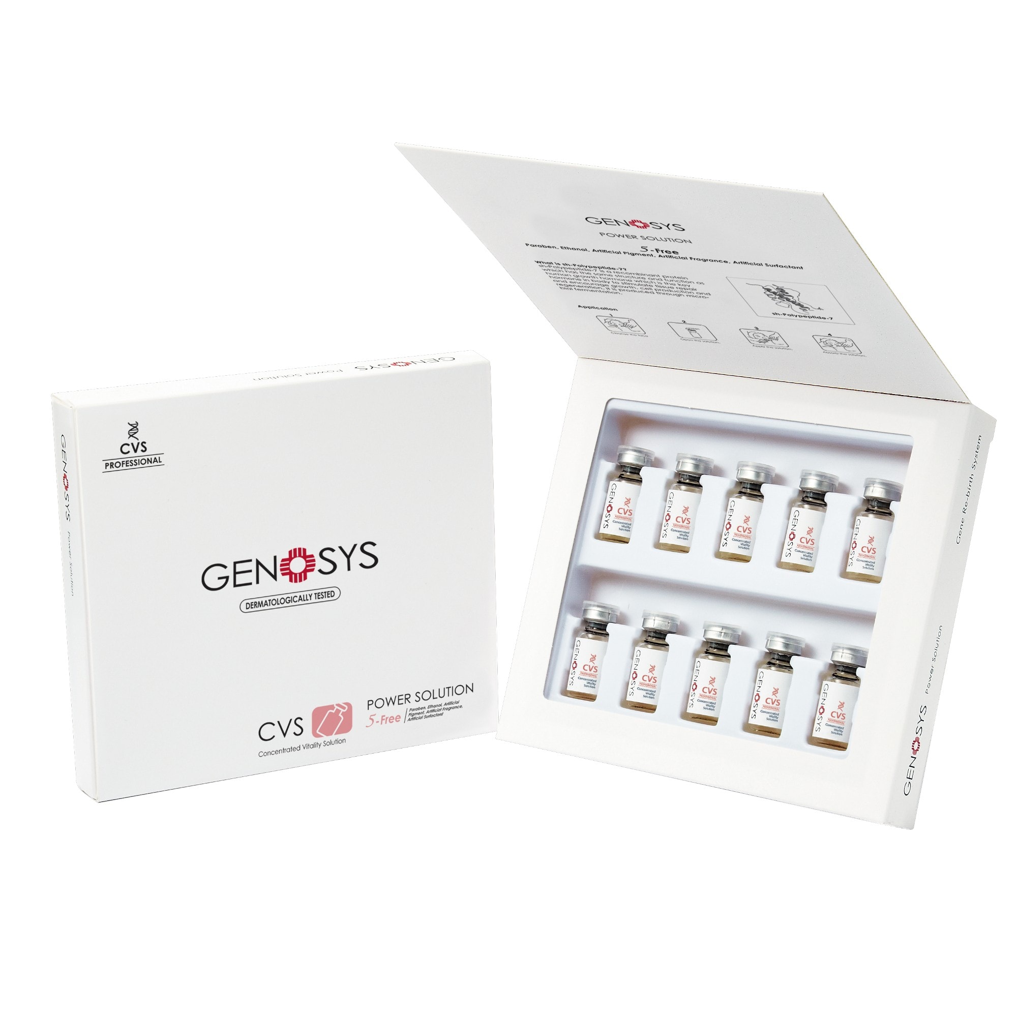 علبة POWER SOLUTION CVS مفتوحة وبداخلها عشر قوارير