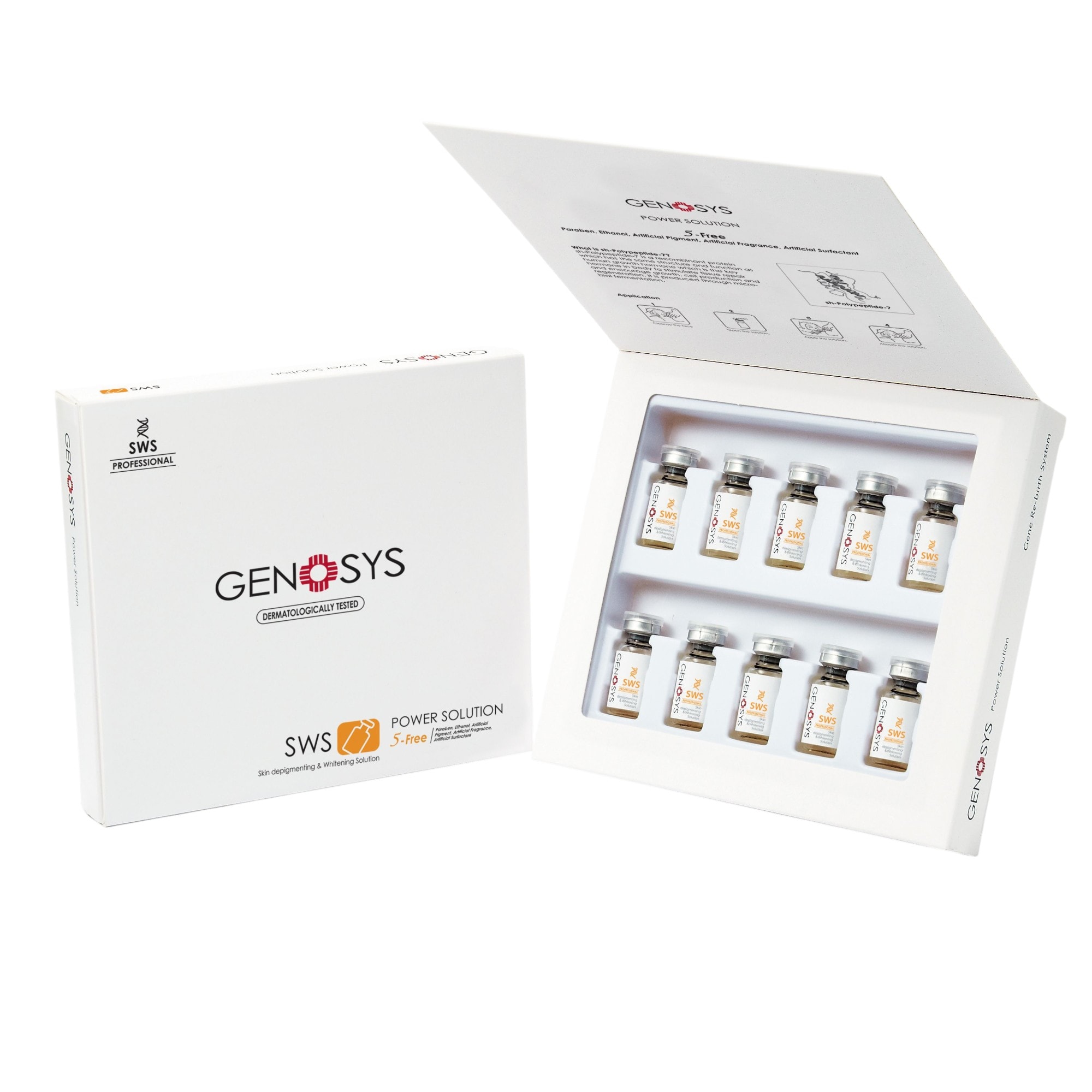 The POWER SOLUTION SWS box open, showing ten sealed vials and the 5-Free panel on the carton