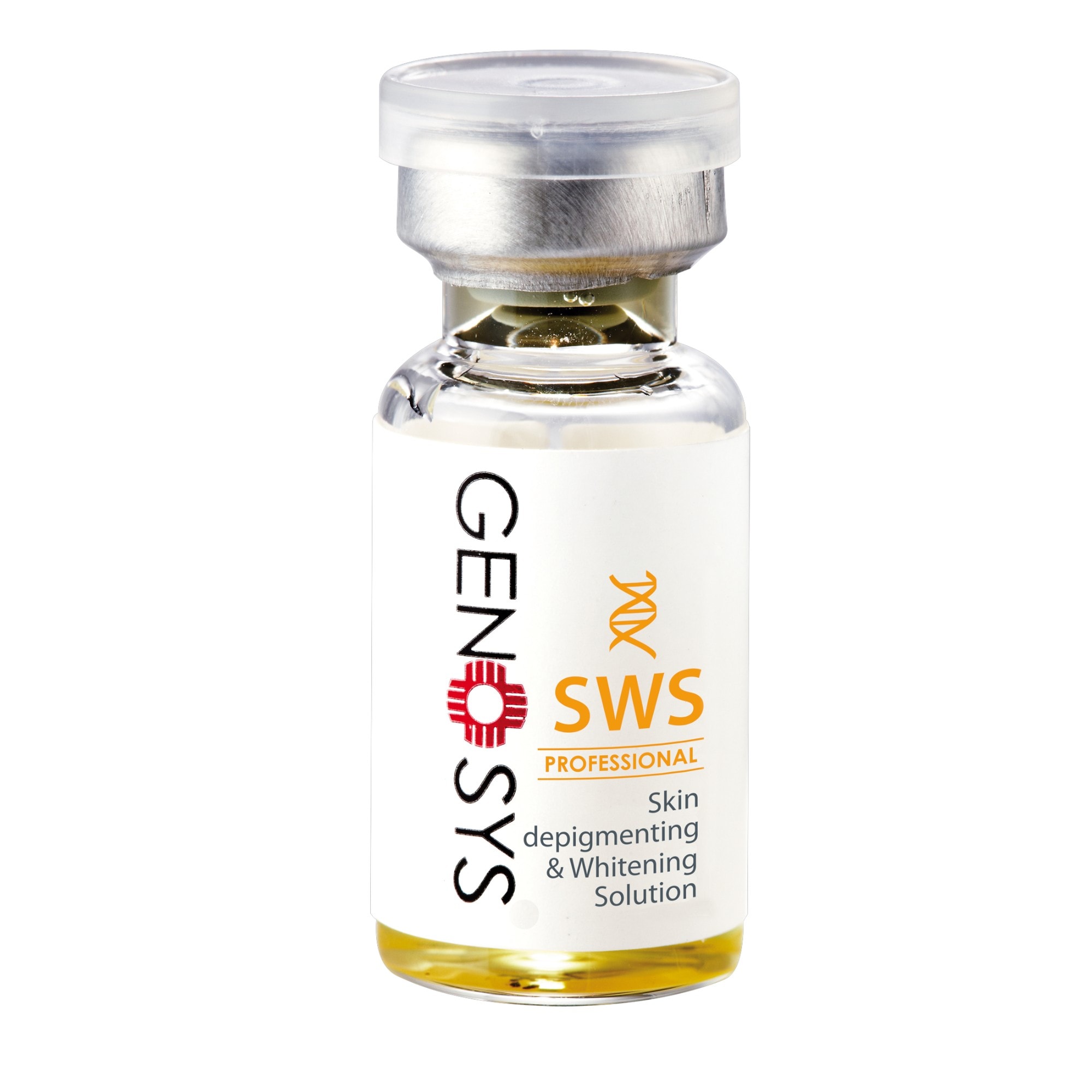 A single 2 ml POWER SOLUTION SWS glass vial, showing the Skin Depigmenting & Whitening Solution label
