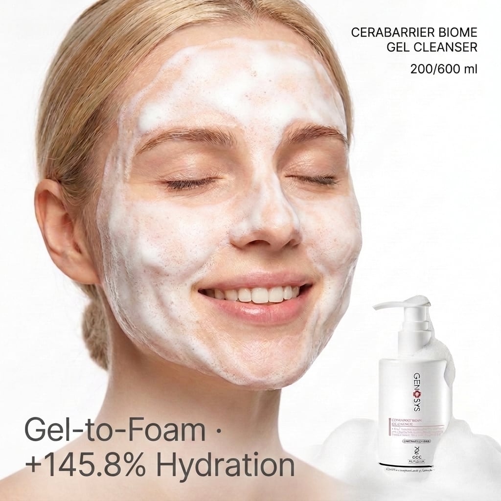 CERABARRIER BIOME GEL CLEANSER - gel-to-foam lather in use