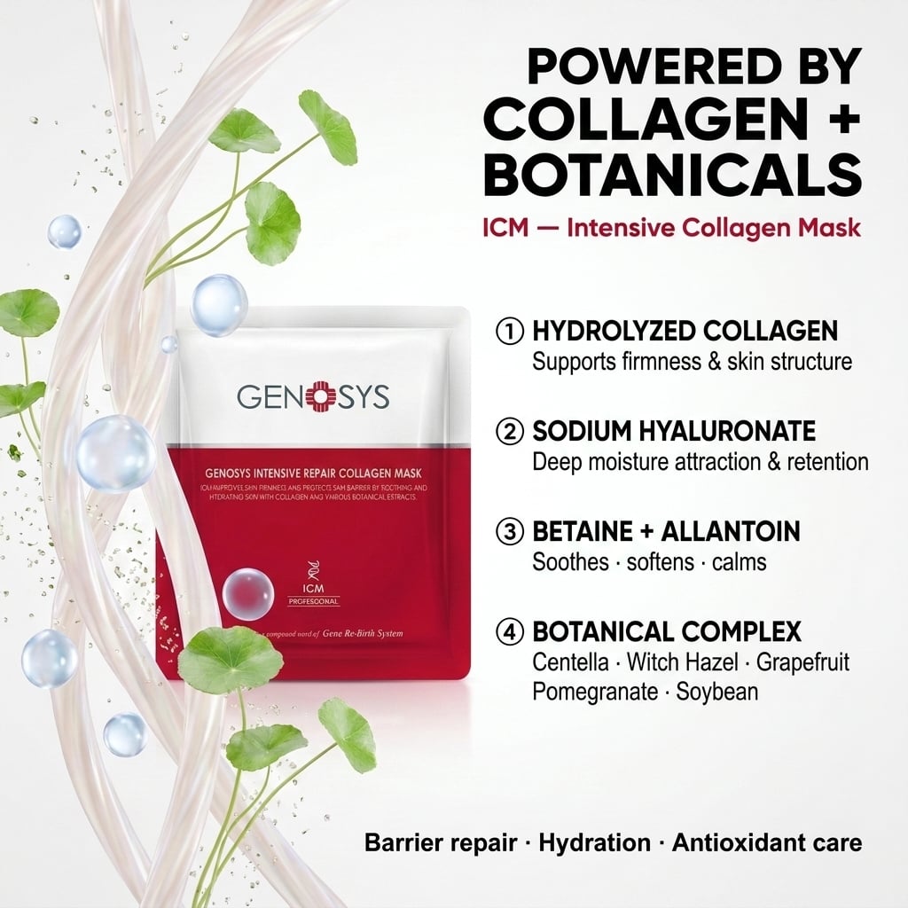GENOSYS Intensive Repair Collagen Mask sachet and its key ingredients