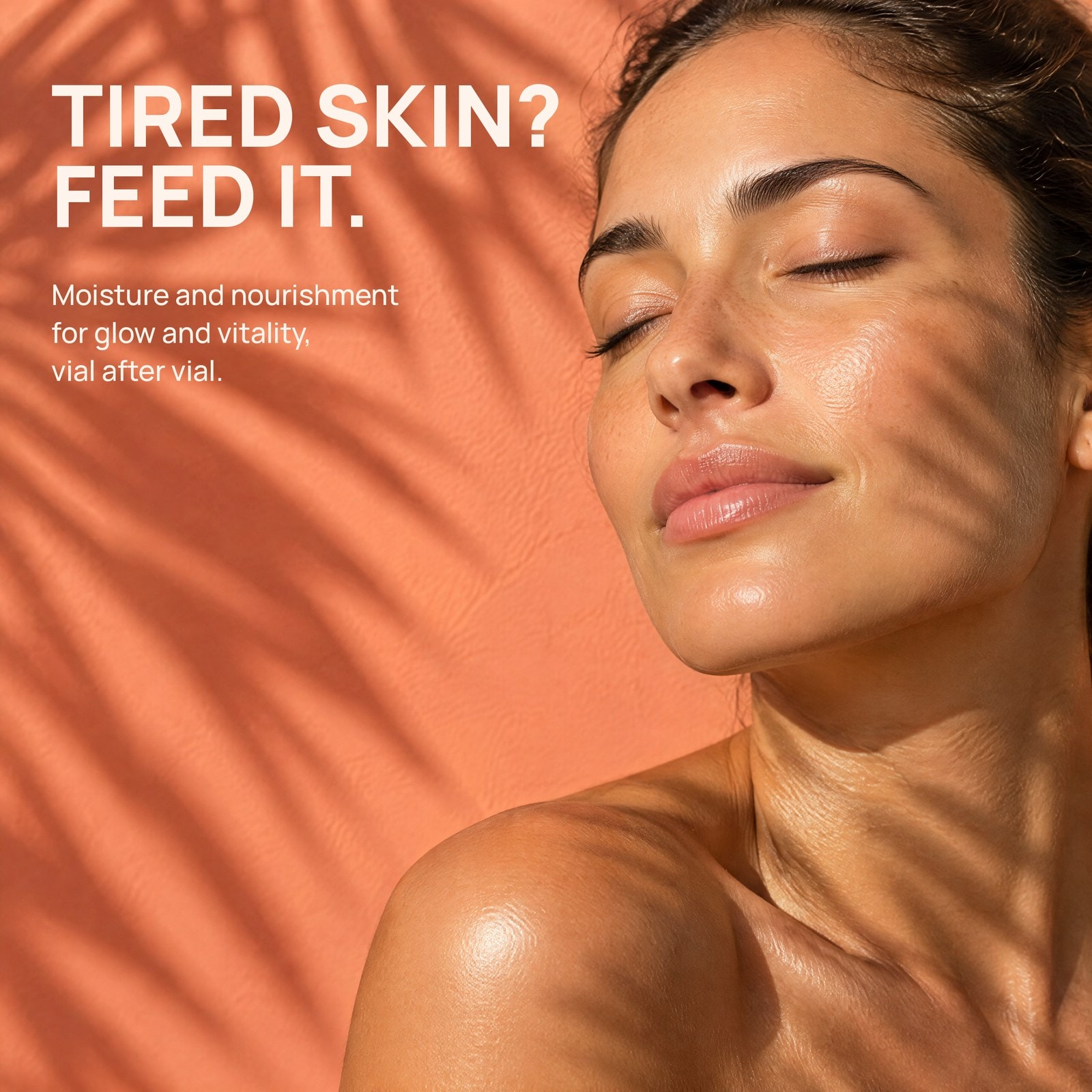 Tired skin? Feed it: a woman in warm sunlight, from the POWER SOLUTION CVS campaign