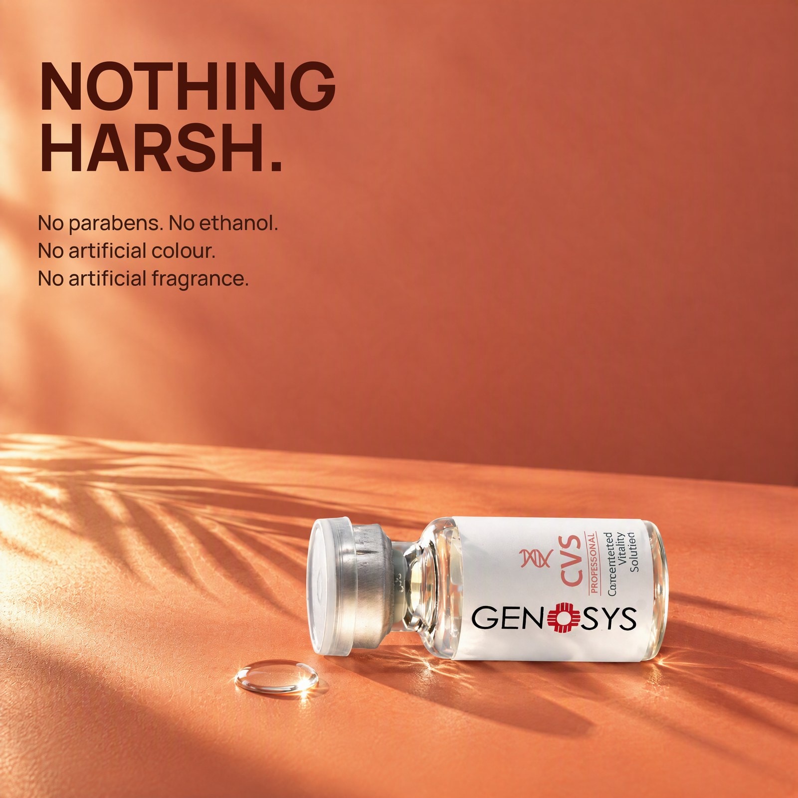 Nothing harsh: the POWER SOLUTION CVS vial in warm sunlight, from the campaign