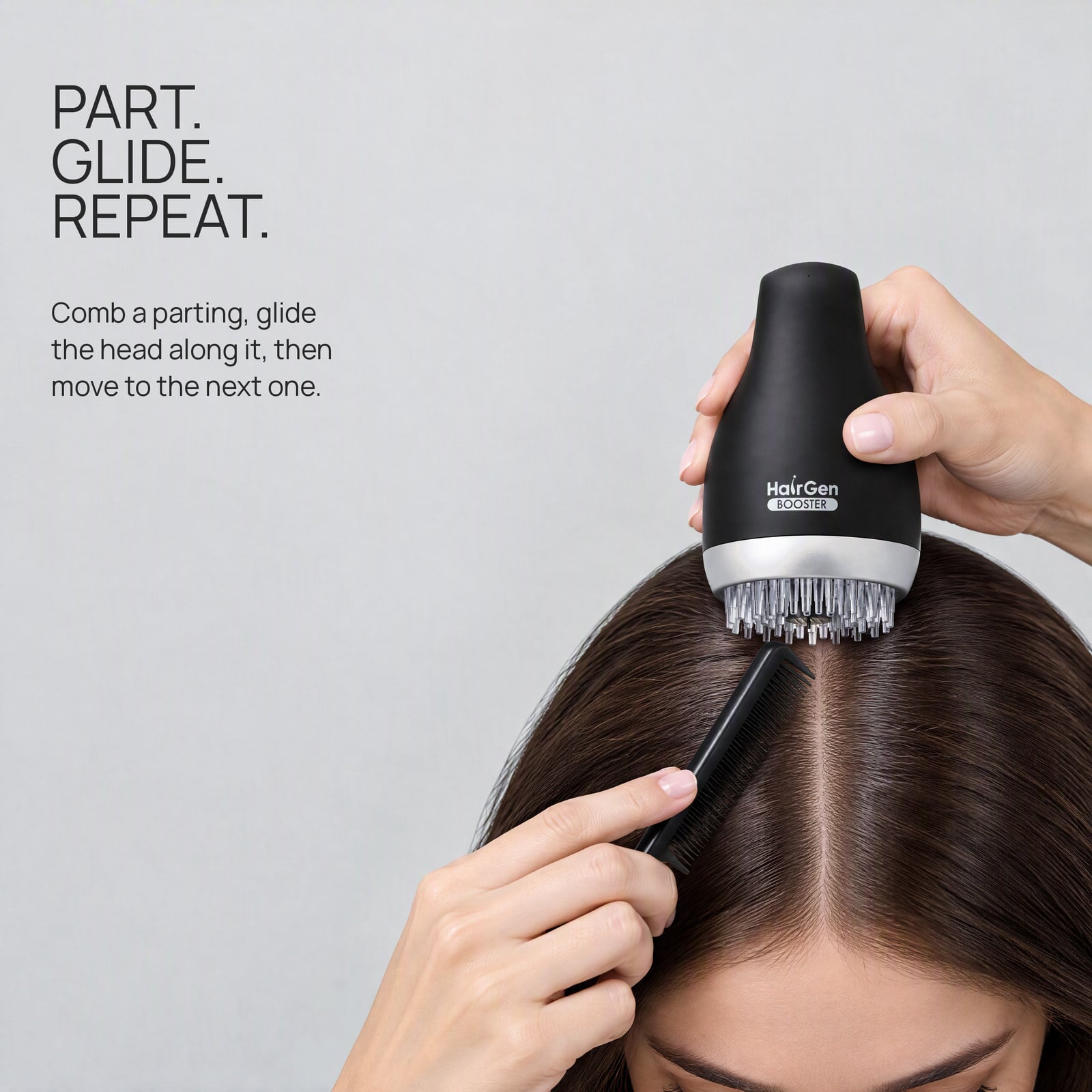 Load it, part the hair, glide along the parting