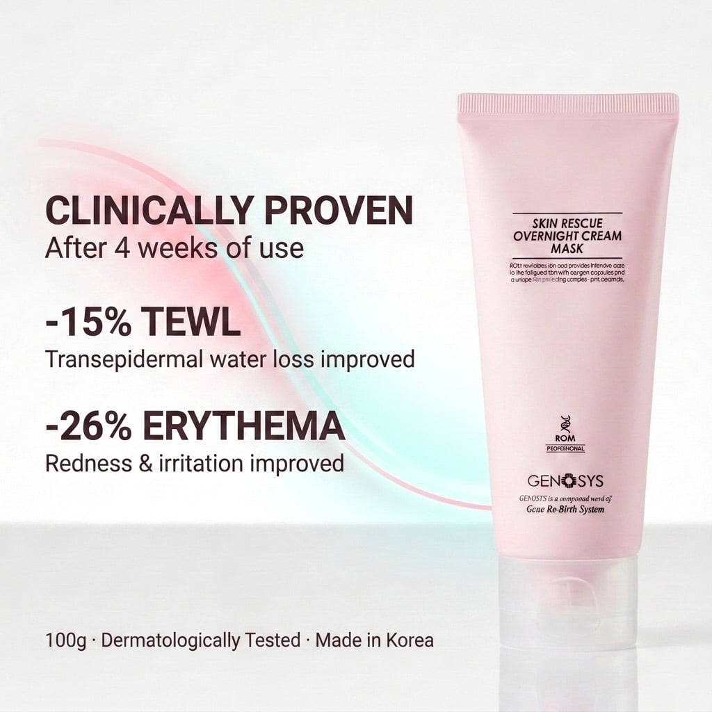 GENOSYS SKIN RESCUE OVERNIGHT CREAM MASK, four-week water-loss and redness figures