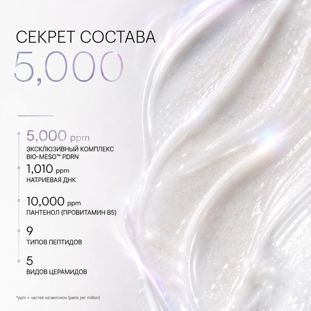 Bio-Meso PDRN Homecare Ampoule 5000 - what the 5,000 is made of: PDRN complex, Sodium DNA, panthenol, nine peptides and five ceramides