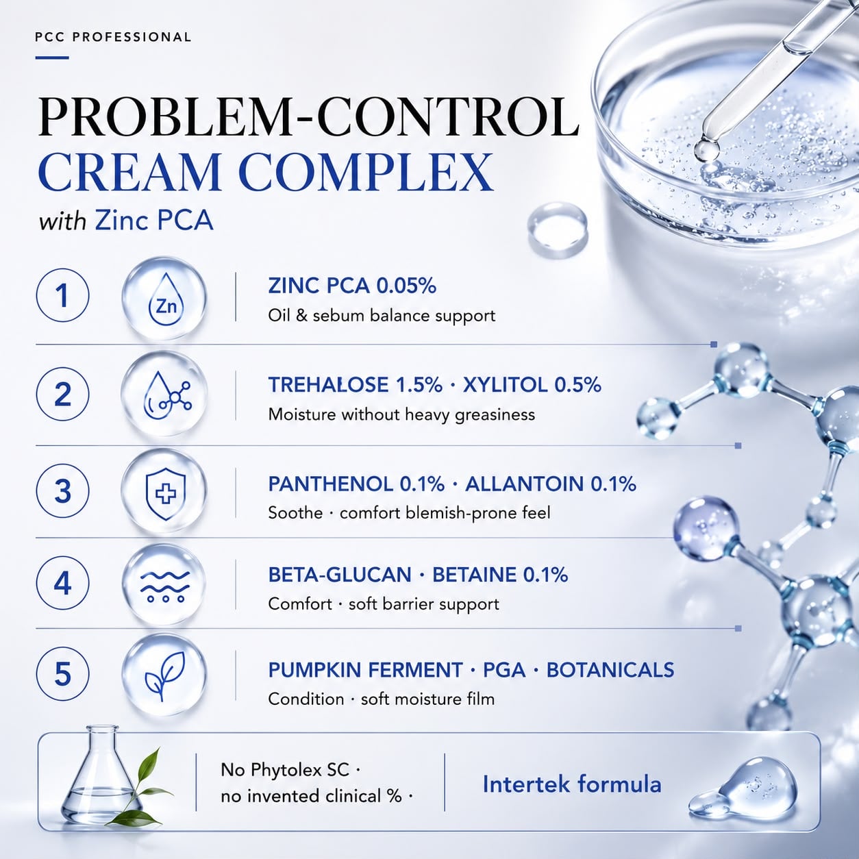 The Intensive Problem Control Cream complex, led by zinc PCA at 0.05%
