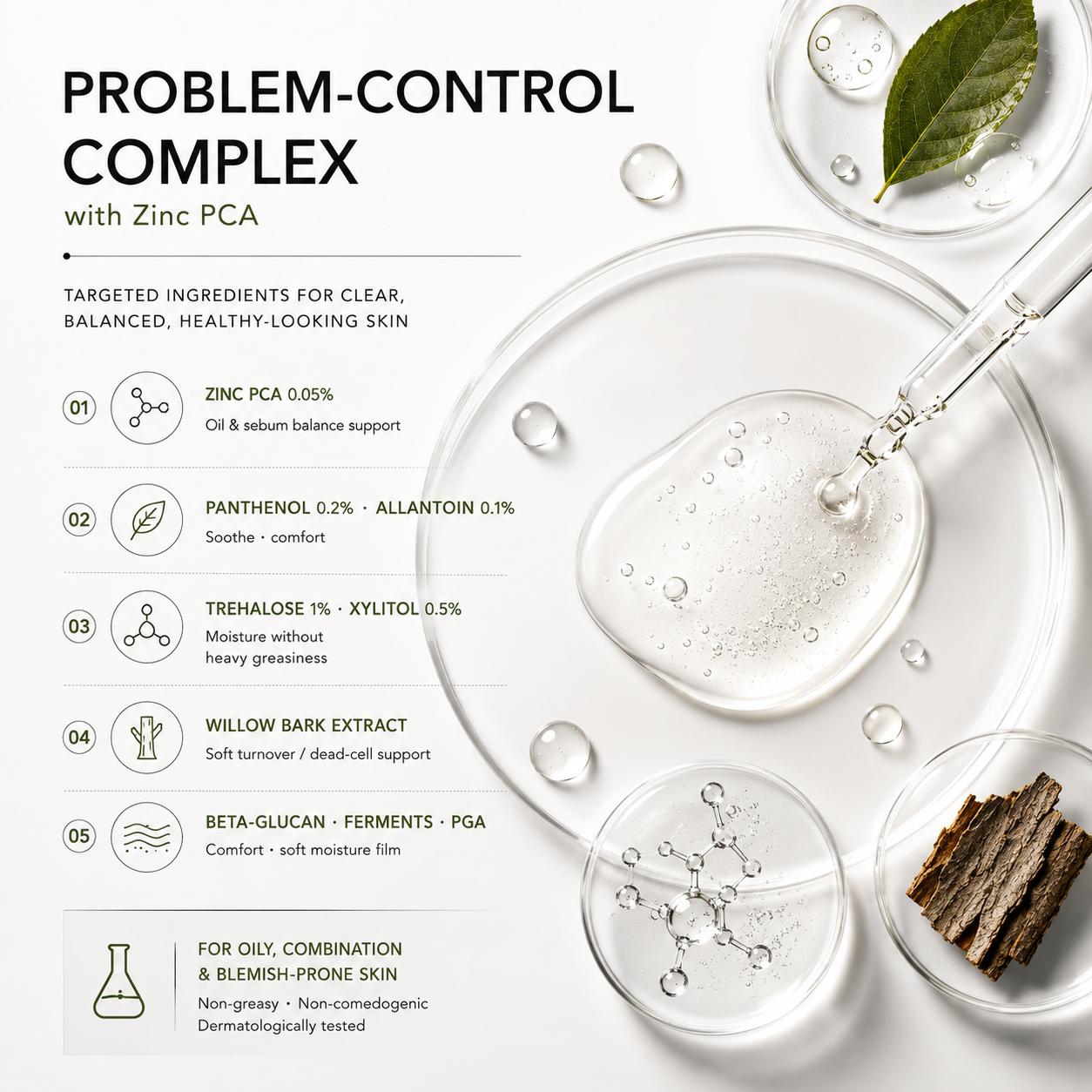 The Problem Control Serum complex, led by zinc PCA at 0.05%